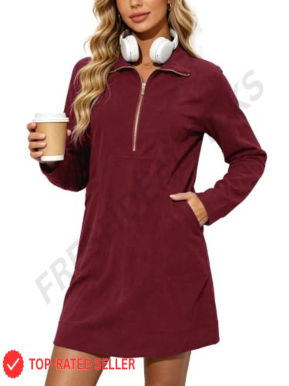 Corduroy Half Zip Shirt Dress Long Sleeve Tunic Side Slits